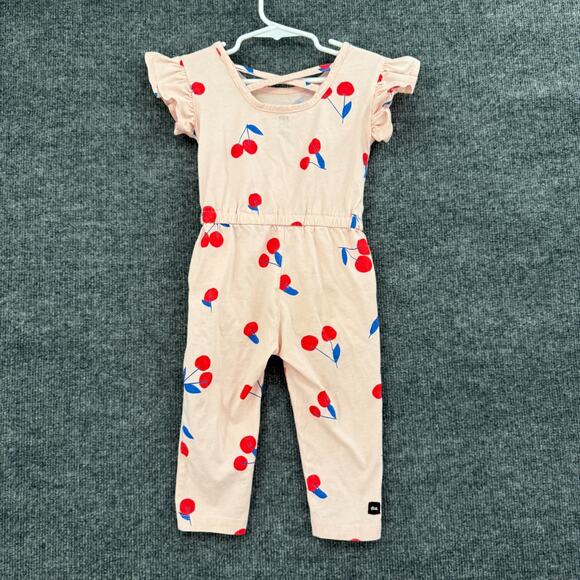 Tea Collection Jumpsuit Girls 2T Pink Cherry Print Flutter Sleeve Jersey Knit - Picture 4 of 8